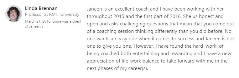 Testimonial by Linda Brenman from LinkedIn discussing working with Janeen Sonsie for Executive Coaching.